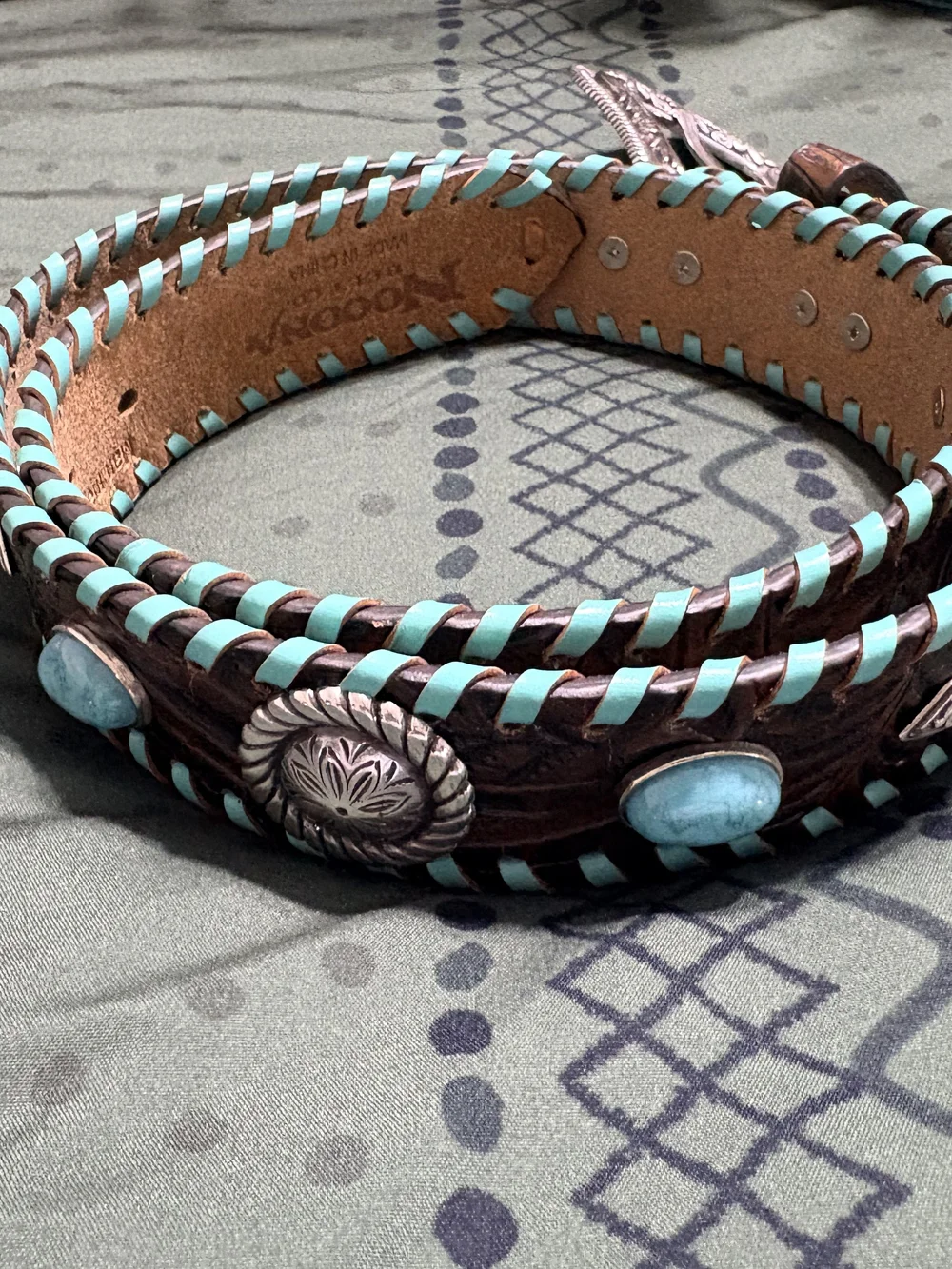 Leather Belt with Turquoise Lace Detail